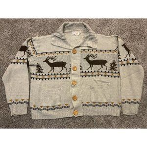 Vintage 1970’s Mens XL Elk Deer Horse Cowichan Acrylic Cardigan-Rodeo Sweater